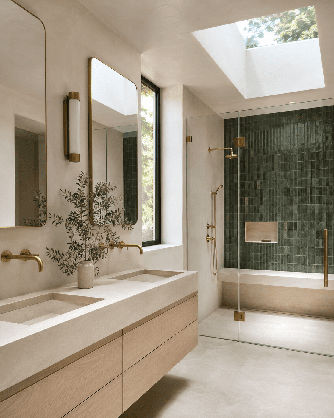 White oak and green tile bathroom design inspiration